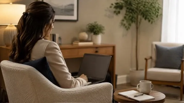 LPC Associate working at a laptop from a comfortable home office